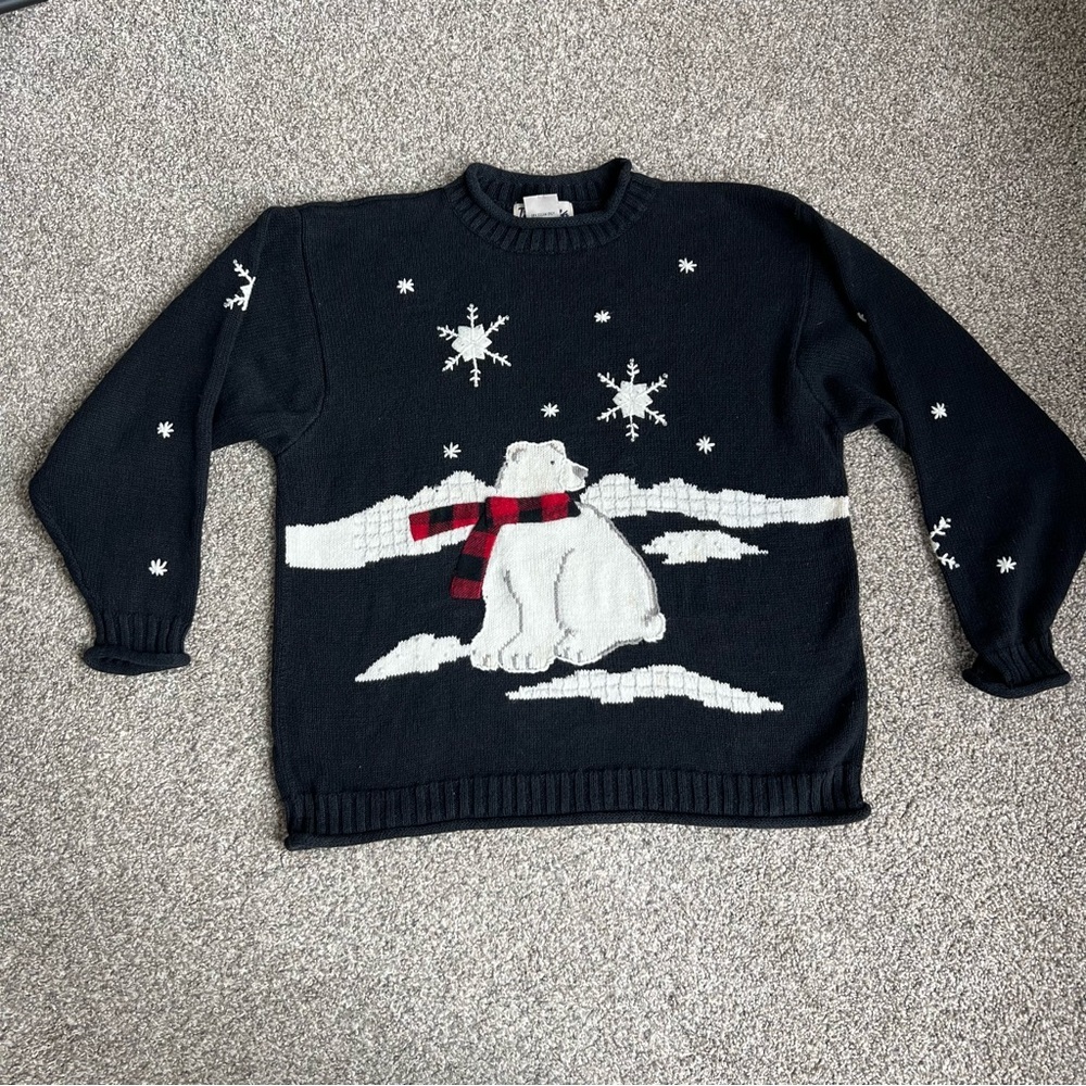 Black/White Polar Bear‎ Winter Christmas Ramie Cotton Mock Neck Sweater, Size L